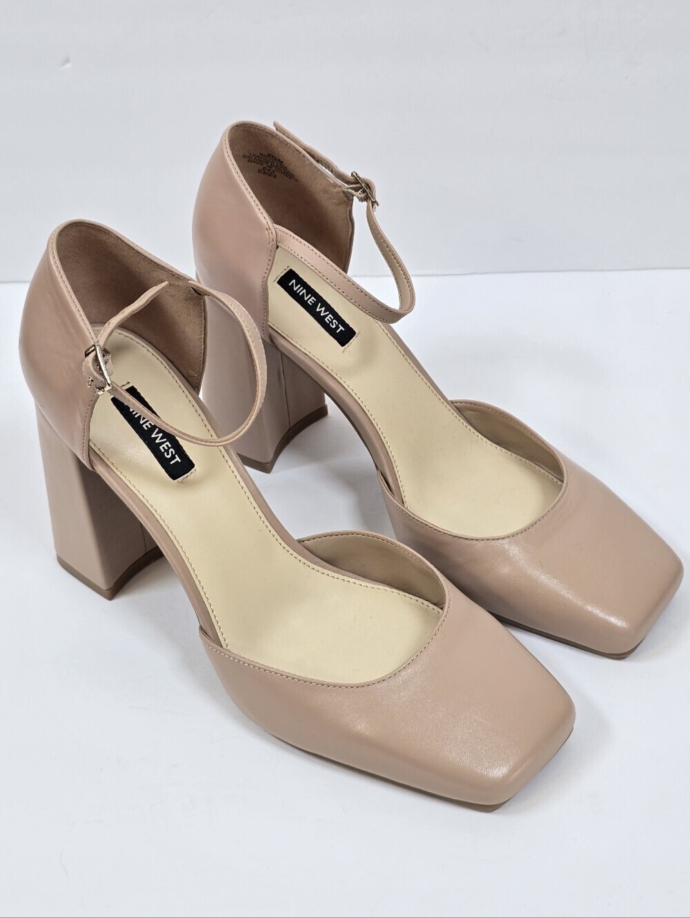 Nine West Youda Chunky Block Leather Heels D'orsay Pump Nude Beige 9.5
